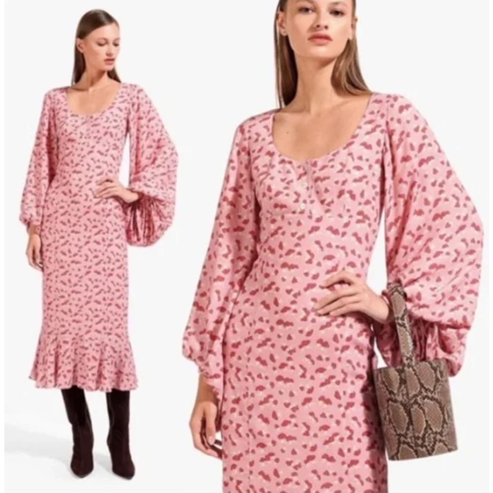 STAUD Lara Mushroom Print Midi Dress Scoop Neck Balloon Sleeve Ruffle Novelty - Picture 3 of 14